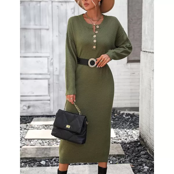 Flygo Midi Sweater Dress for Women Oversized Button V Neck Waffle Knit Dresses Fall Maxi Dress