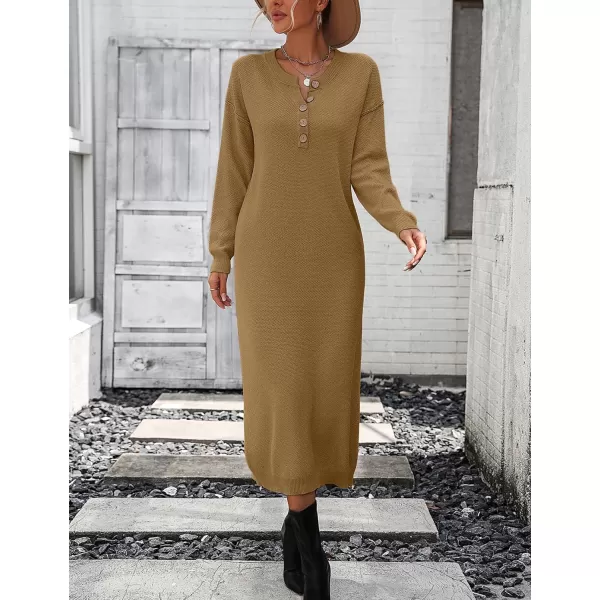 Flygo Midi Sweater Dress for Women Oversized Button V Neck Waffle Knit Dresses Fall Maxi Dress