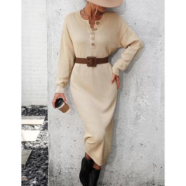 Flygo Midi Sweater Dress for Women Oversized Button V Neck Waffle Knit Dresses Fall Maxi Dress