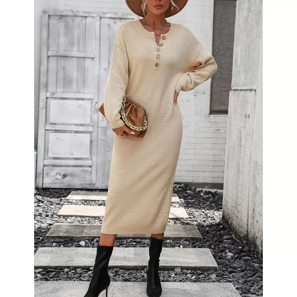 Flygo Midi Sweater Dress for Women Oversized Button V Neck Waffle Knit Dresses Fall Maxi Dress