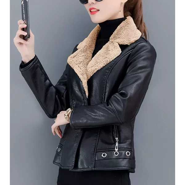 Flygo Women Faux Sherpa Fleece Fur Lined Leather PU Lapel Moto Biker Short Jacket Coat