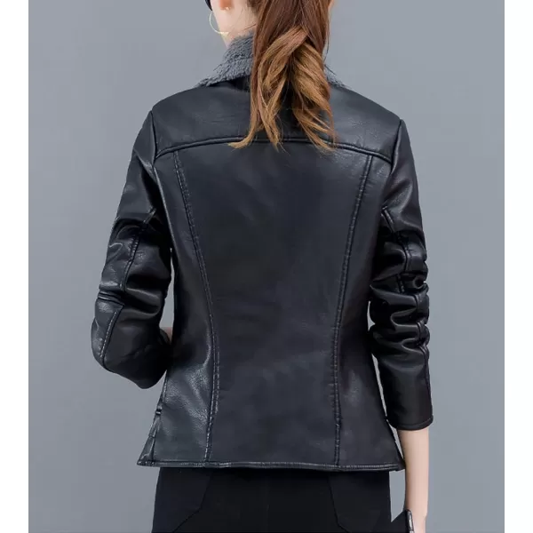 Flygo Women Faux Sherpa Fleece Fur Lined Leather PU Lapel Moto Biker Short Jacket Coat