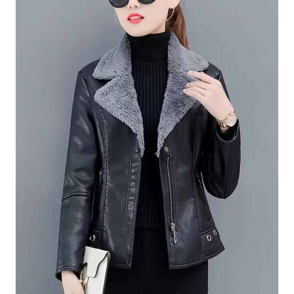 Flygo Women Faux Sherpa Fleece Fur Lined Leather PU Lapel Moto Biker Short Jacket Coat