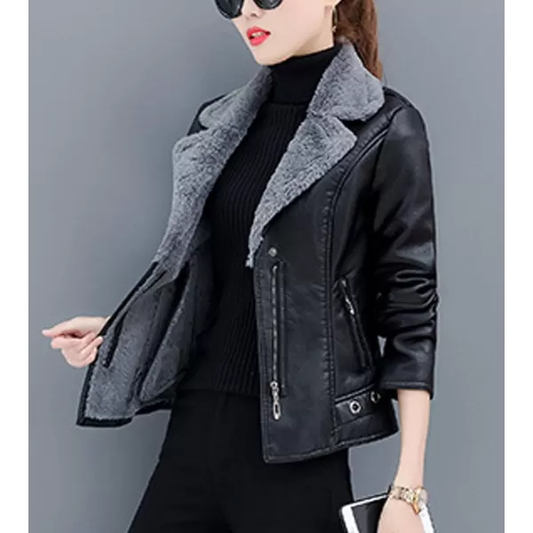 Flygo Women Faux Sherpa Fleece Fur Lined Leather PU Lapel Moto Biker Short Jacket Coat