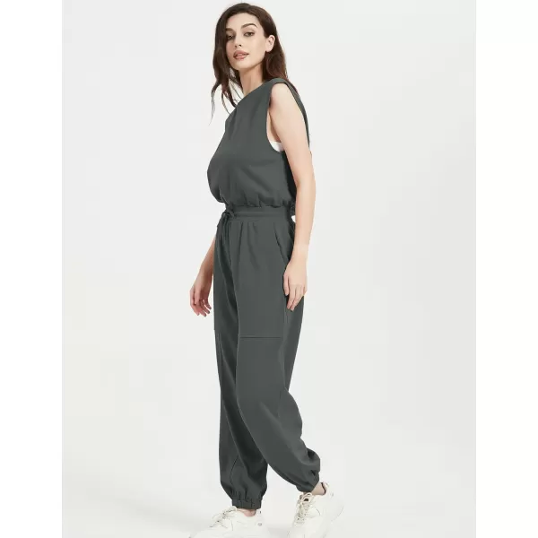 Flygo Womens Casual Jumpsuit Crewneck Cap Sleeve Long Wide Leg Pants One Piece Outfits Drawstring Romper with Pockets