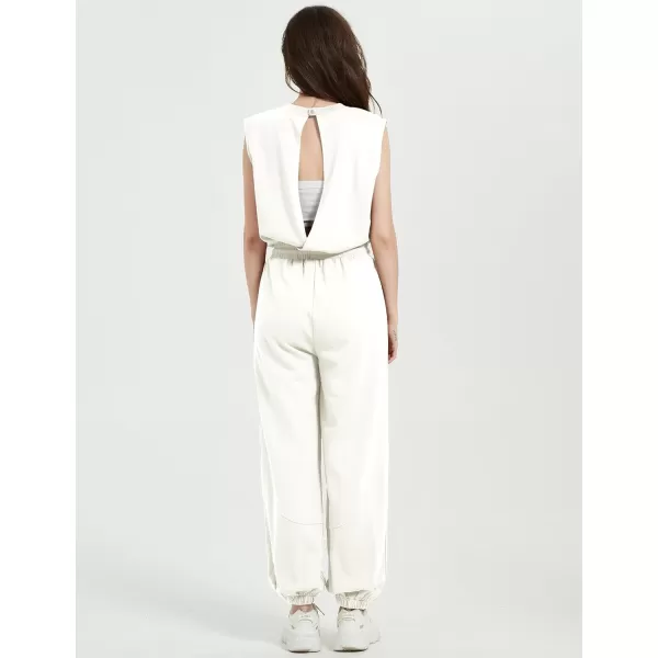 Flygo Womens Casual Jumpsuit Crewneck Cap Sleeve Long Wide Leg Pants One Piece Outfits Drawstring Romper with Pockets