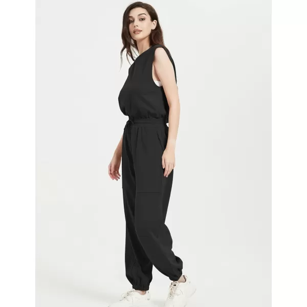 Flygo Womens Casual Jumpsuit Crewneck Cap Sleeve Long Wide Leg Pants One Piece Outfits Drawstring Romper with Pockets