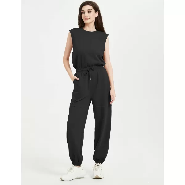 Flygo Womens Casual Jumpsuit Crewneck Cap Sleeve Long Wide Leg Pants One Piece Outfits Drawstring Romper with Pockets
