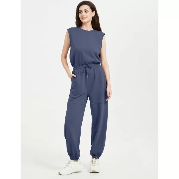 Flygo Womens Casual Jumpsuit Crewneck Cap Sleeve Long Wide Leg Pants One Piece Outfits Drawstring Romper with Pockets