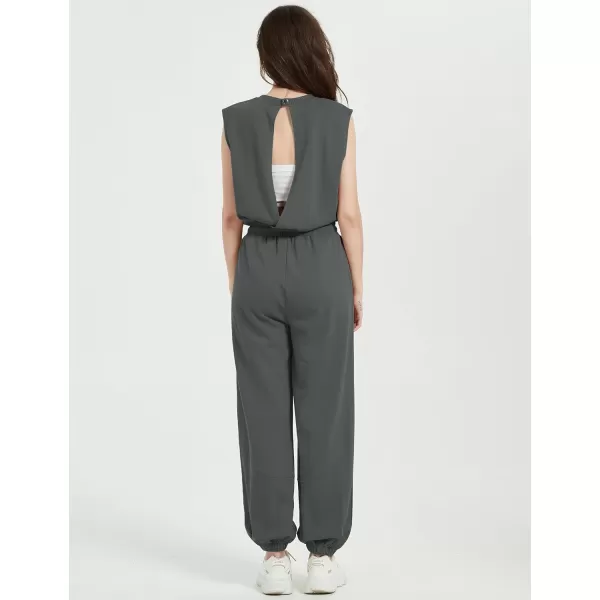 Flygo Womens Casual Jumpsuit Crewneck Cap Sleeve Long Wide Leg Pants One Piece Outfits Drawstring Romper with Pockets