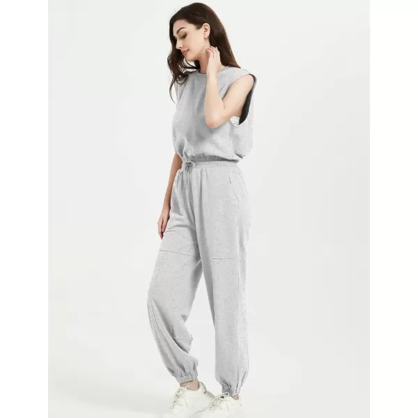 Flygo Womens Casual Jumpsuit Crewneck Cap Sleeve Long Wide Leg Pants One Piece Outfits Drawstring Romper with Pockets