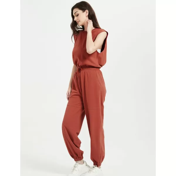 Flygo Womens Casual Jumpsuit Crewneck Cap Sleeve Long Wide Leg Pants One Piece Outfits Drawstring Romper with Pockets
