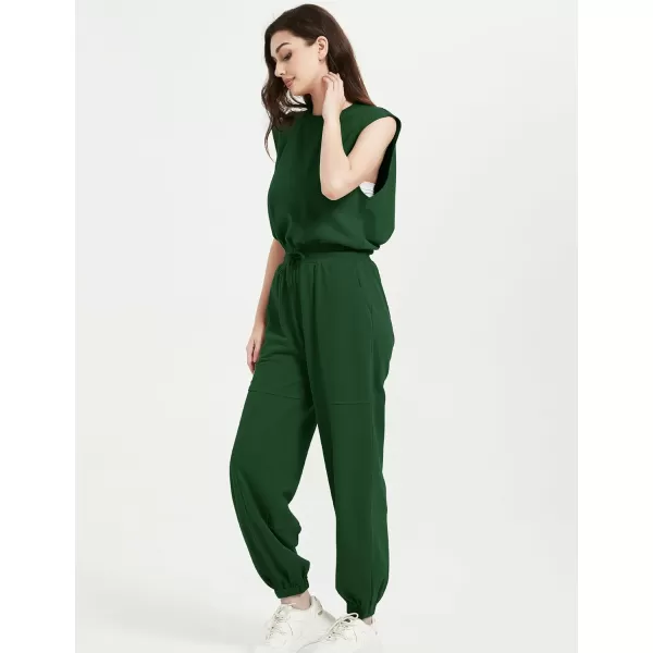 Flygo Womens Casual Jumpsuit Crewneck Cap Sleeve Long Wide Leg Pants One Piece Outfits Drawstring Romper with Pockets