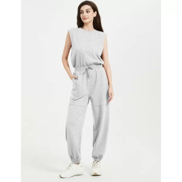 Flygo Womens Casual Jumpsuit Crewneck Cap Sleeve Long Wide Leg Pants One Piece Outfits Drawstring Romper with Pockets