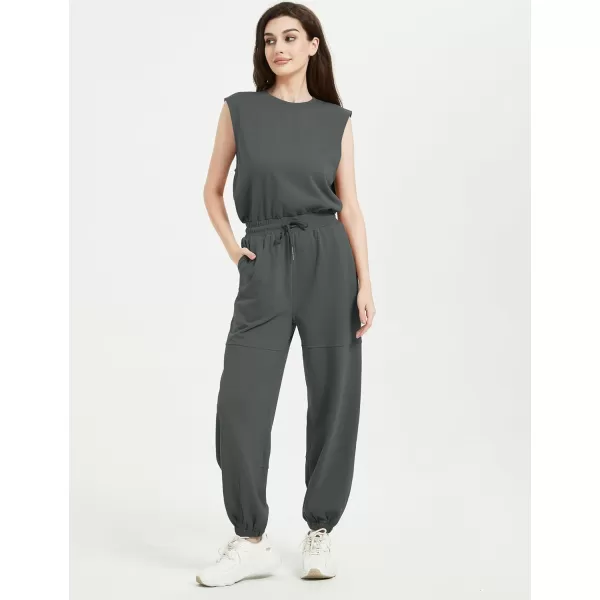 Flygo Womens Casual Jumpsuit Crewneck Cap Sleeve Long Wide Leg Pants One Piece Outfits Drawstring Romper with Pockets