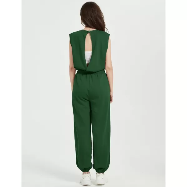 Flygo Womens Casual Jumpsuit Crewneck Cap Sleeve Long Wide Leg Pants One Piece Outfits Drawstring Romper with Pockets