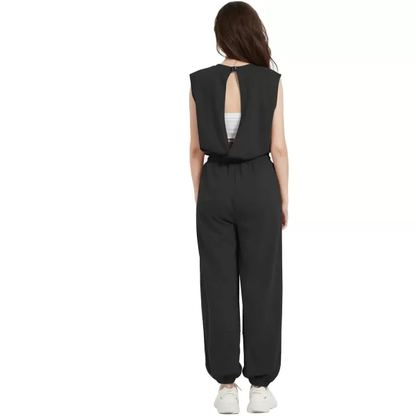 Flygo Womens Casual Jumpsuit Crewneck Cap Sleeve Long Wide Leg Pants One Piece Outfits Drawstring Romper with Pockets