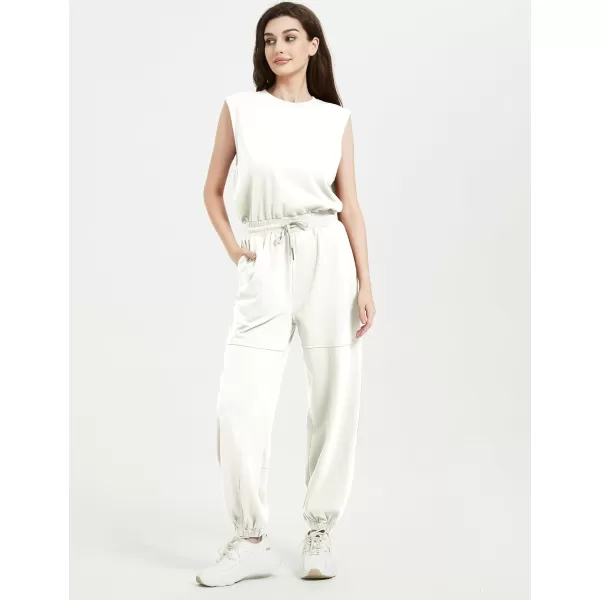 Flygo Womens Casual Jumpsuit Crewneck Cap Sleeve Long Wide Leg Pants One Piece Outfits Drawstring Romper with Pockets