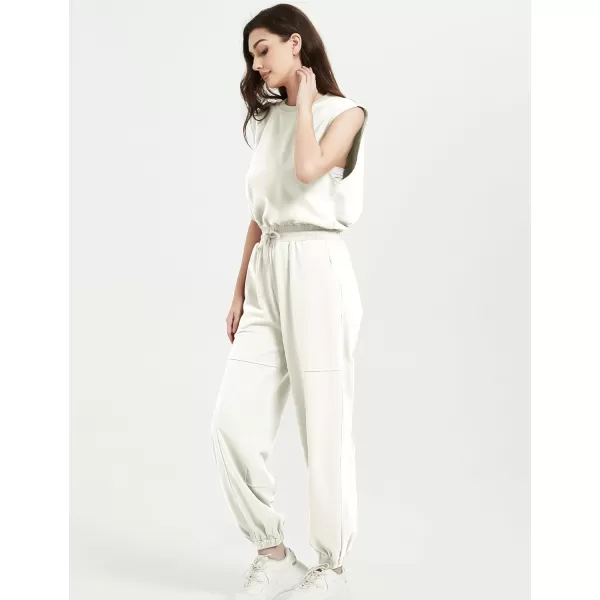 Flygo Womens Casual Jumpsuit Crewneck Cap Sleeve Long Wide Leg Pants One Piece Outfits Drawstring Romper with Pockets