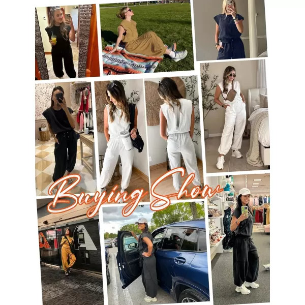 Flygo Womens Casual Jumpsuit Crewneck Cap Sleeve Long Wide Leg Pants One Piece Outfits Drawstring Romper with Pockets