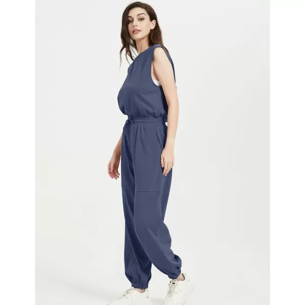 Flygo Womens Casual Jumpsuit Crewneck Cap Sleeve Long Wide Leg Pants One Piece Outfits Drawstring Romper with Pockets