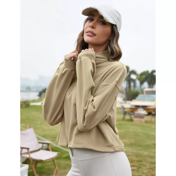 Flygo Womens Half Zip Hoodies Cropped Pullover Sweatshirt Fleece Lined Sweater Tops with Pocket Thumb Hole