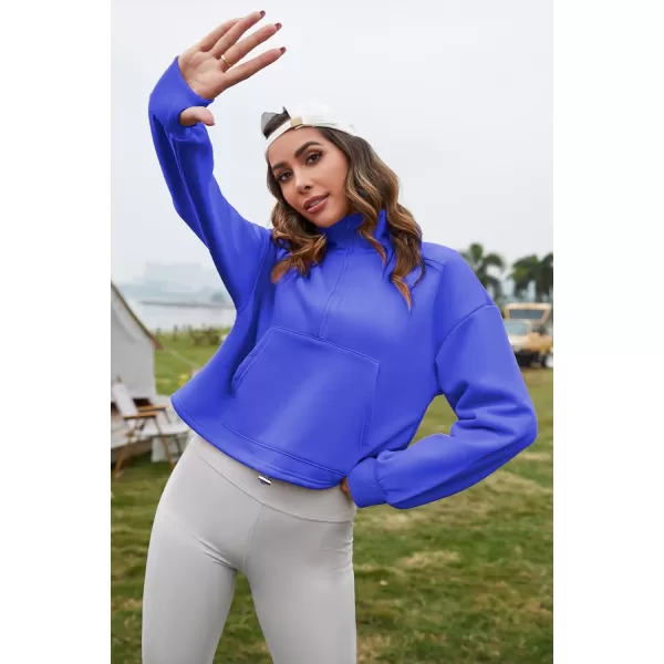 Flygo Womens Half Zip Hoodies Cropped Pullover Sweatshirt Fleece Lined Sweater Tops with Pocket Thumb Hole