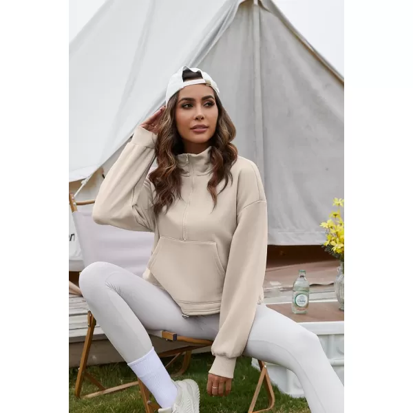 Flygo Womens Half Zip Hoodies Cropped Pullover Sweatshirt Fleece Lined Sweater Tops with Pocket Thumb Hole
