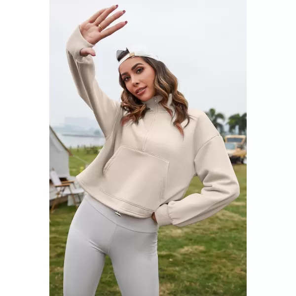 Flygo Womens Half Zip Hoodies Cropped Pullover Sweatshirt Fleece Lined Sweater Tops with Pocket Thumb Hole