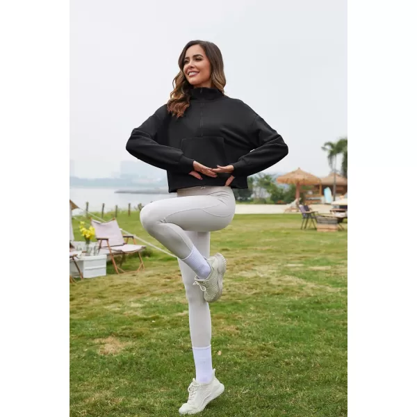Flygo Womens Half Zip Hoodies Cropped Pullover Sweatshirt Fleece Lined Sweater Tops with Pocket Thumb Hole