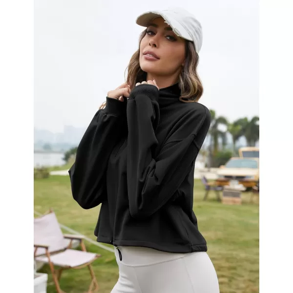 Flygo Womens Half Zip Hoodies Cropped Pullover Sweatshirt Fleece Lined Sweater Tops with Pocket Thumb Hole
