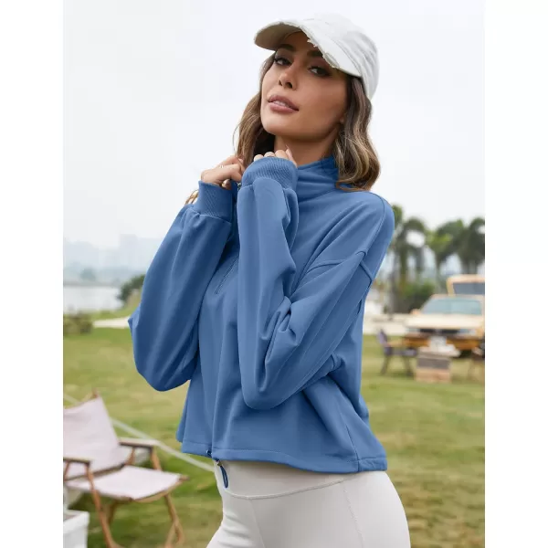 Flygo Womens Half Zip Hoodies Cropped Pullover Sweatshirt Fleece Lined Sweater Tops with Pocket Thumb Hole
