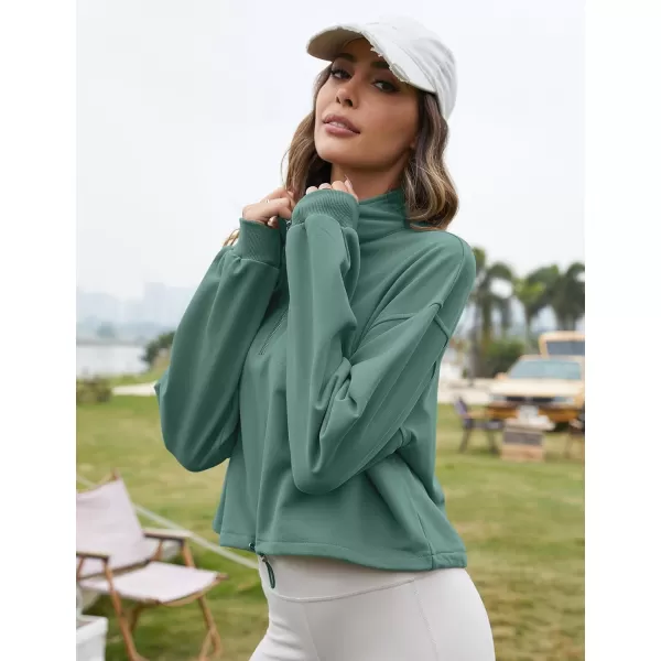Flygo Womens Half Zip Hoodies Cropped Pullover Sweatshirt Fleece Lined Sweater Tops with Pocket Thumb Hole