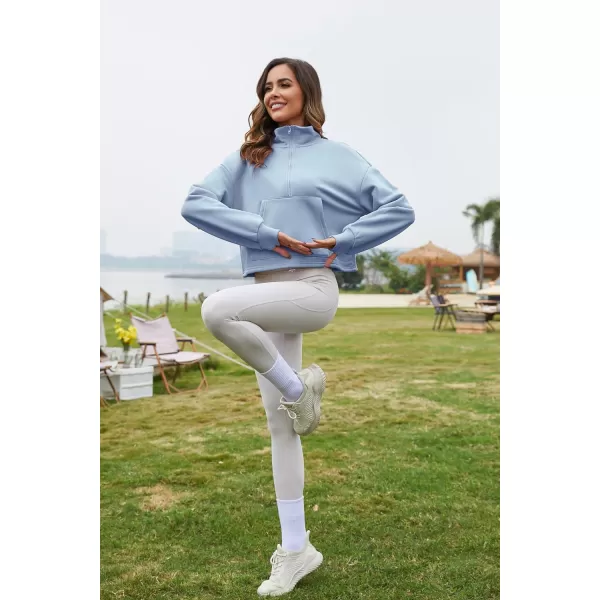Flygo Womens Half Zip Hoodies Cropped Pullover Sweatshirt Fleece Lined Sweater Tops with Pocket Thumb Hole
