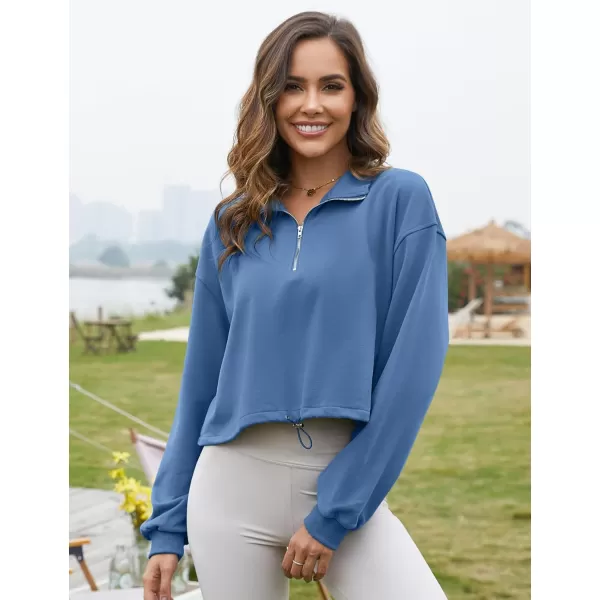 Flygo Womens Half Zip Hoodies Cropped Pullover Sweatshirt Fleece Lined Sweater Tops with Pocket Thumb Hole