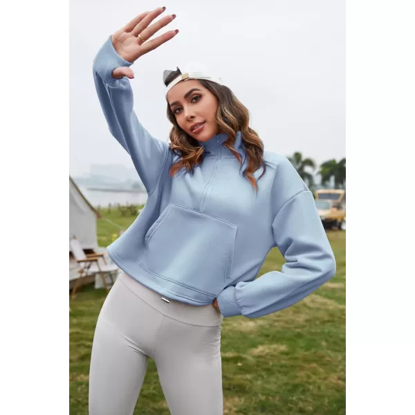 Flygo Womens Half Zip Hoodies Cropped Pullover Sweatshirt Fleece Lined Sweater Tops with Pocket Thumb Hole