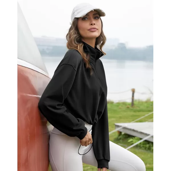 Flygo Womens Half Zip Hoodies Cropped Pullover Sweatshirt Fleece Lined Sweater Tops with Pocket Thumb Hole