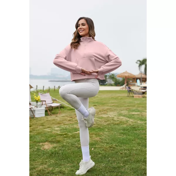 Flygo Womens Half Zip Hoodies Cropped Pullover Sweatshirt Fleece Lined Sweater Tops with Pocket Thumb Hole