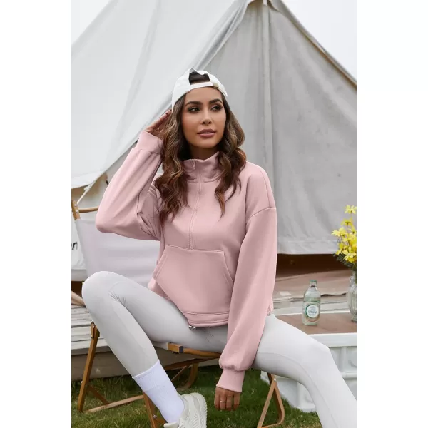 Flygo Womens Half Zip Hoodies Cropped Pullover Sweatshirt Fleece Lined Sweater Tops with Pocket Thumb Hole