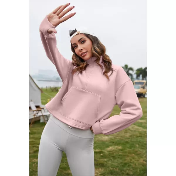 Flygo Womens Half Zip Hoodies Cropped Pullover Sweatshirt Fleece Lined Sweater Tops with Pocket Thumb Hole