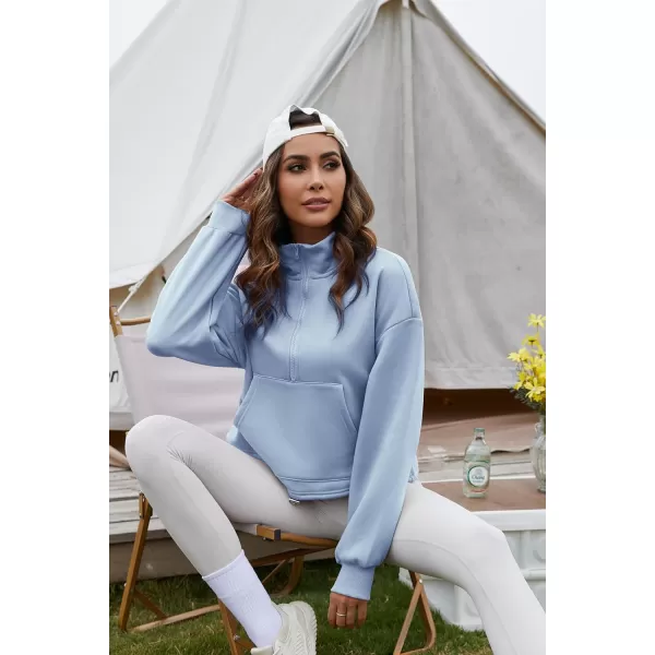 Flygo Womens Half Zip Hoodies Cropped Pullover Sweatshirt Fleece Lined Sweater Tops with Pocket Thumb Hole