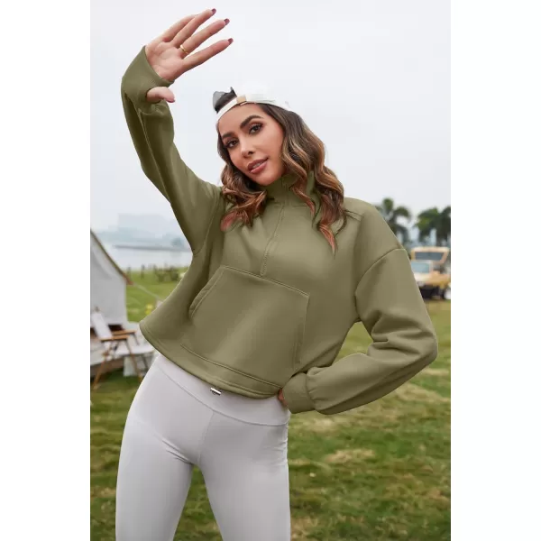 Flygo Womens Half Zip Hoodies Cropped Pullover Sweatshirt Fleece Lined Sweater Tops with Pocket Thumb Hole