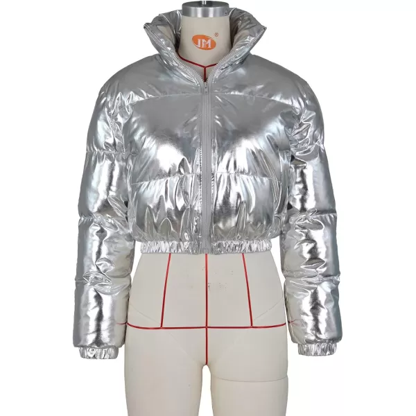 Flygo Women's Metallic Shiny Cropped Quilted Puffer Jacket - Zip Up Padded Down Coat Outerwear