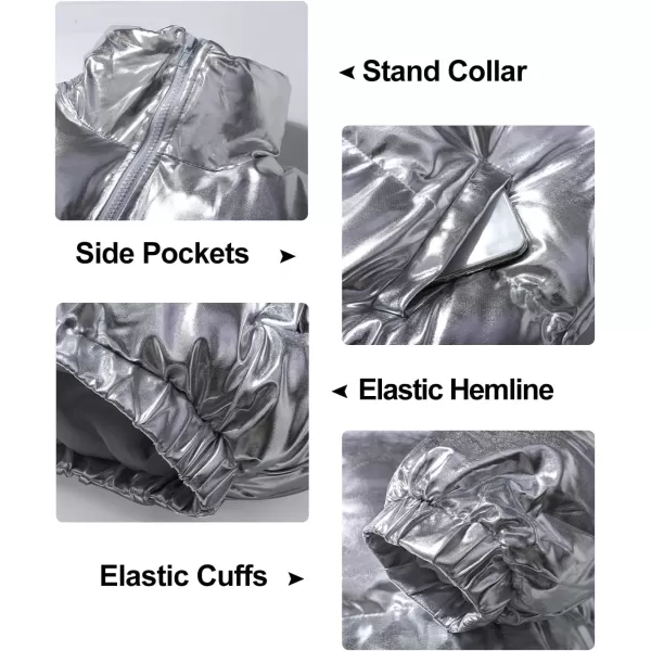 Flygo Women's Metallic Shiny Cropped Quilted Puffer Jacket - Zip Up Padded Down Coat Outerwear