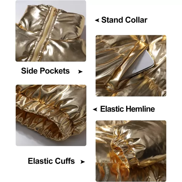Flygo Women's Metallic Shiny Cropped Quilted Puffer Jacket - Zip Up Padded Down Coat Outerwear