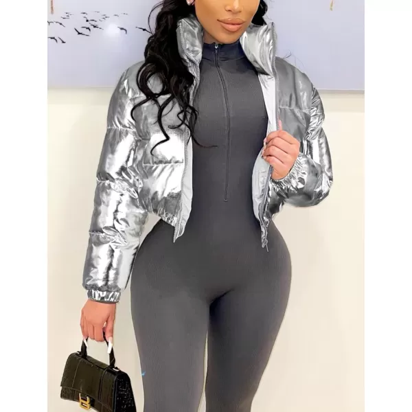Flygo Women's Metallic Shiny Cropped Quilted Puffer Jacket - Zip Up Padded Down Coat Outerwear