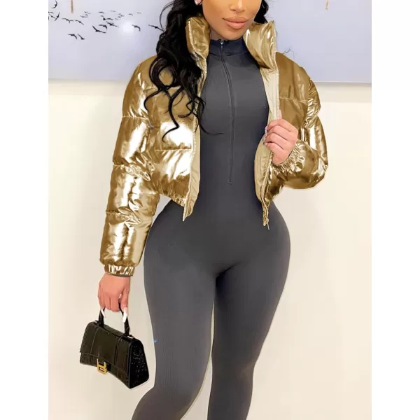 Flygo Women's Metallic Shiny Cropped Quilted Puffer Jacket - Zip Up Padded Down Coat Outerwear