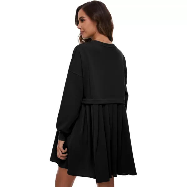 Flygo Womens Oversized Sweatshirt Dress Crewneck Patchwork Long Sleeve Pullover Tunic Flowy Pleated Mini Dresses