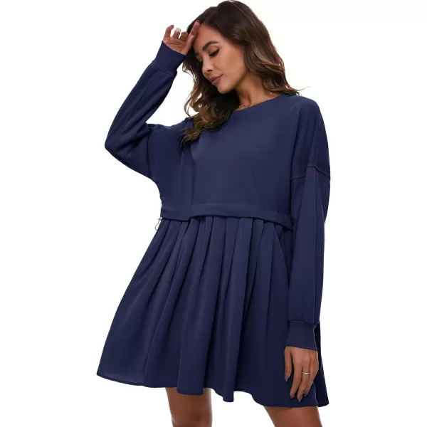 Flygo Womens Oversized Sweatshirt Dress Crewneck Patchwork Long Sleeve Pullover Tunic Flowy Pleated Mini Dresses