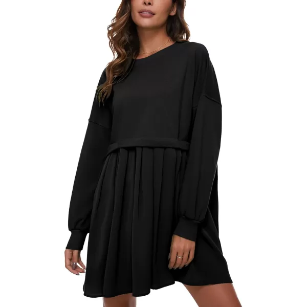 Flygo Womens Oversized Sweatshirt Dress Crewneck Patchwork Long Sleeve Pullover Tunic Flowy Pleated Mini Dresses